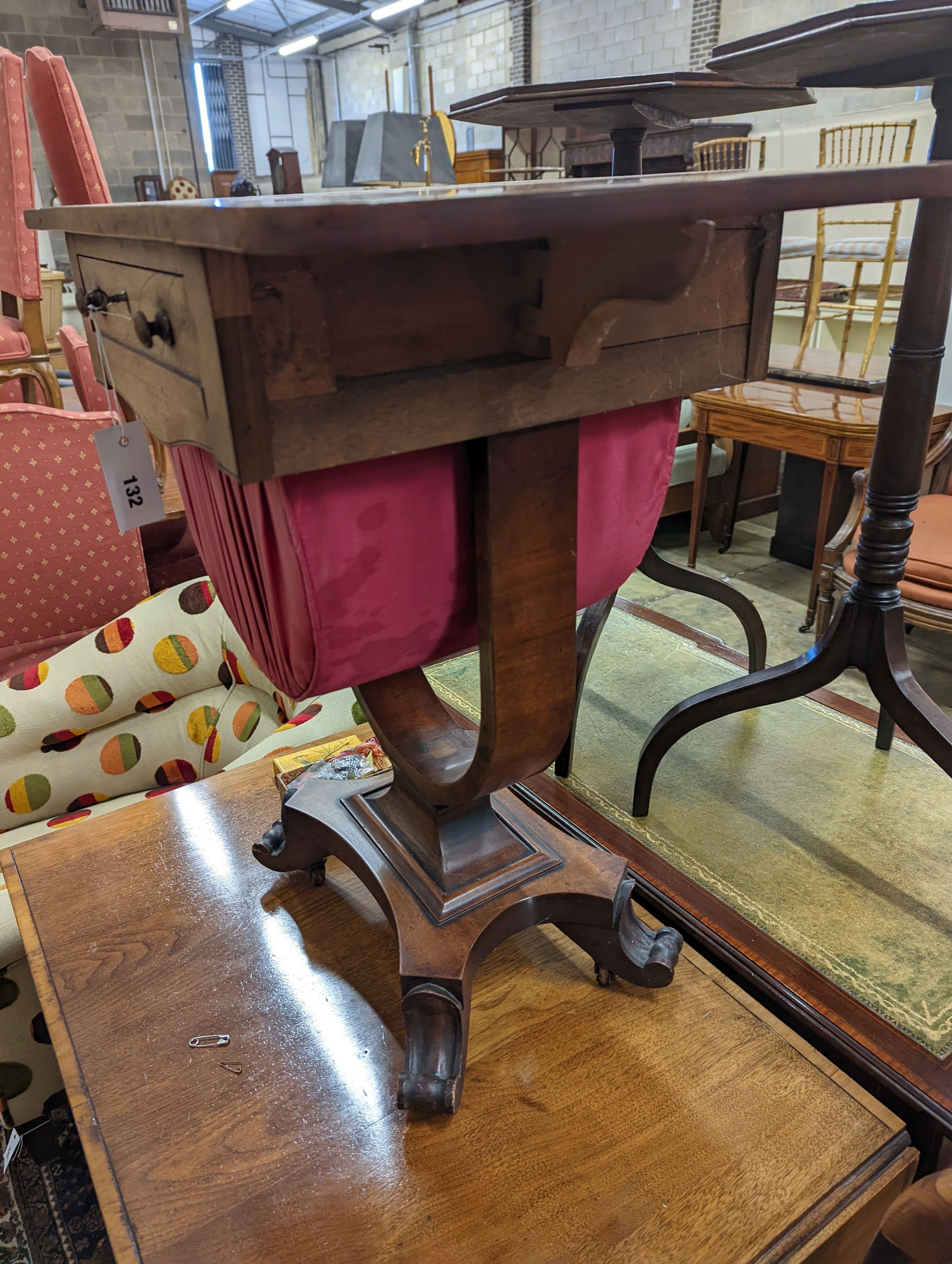 An early Victorian mahogany drop flap work table, width 64cm extended, depth 42cm, height 69cm